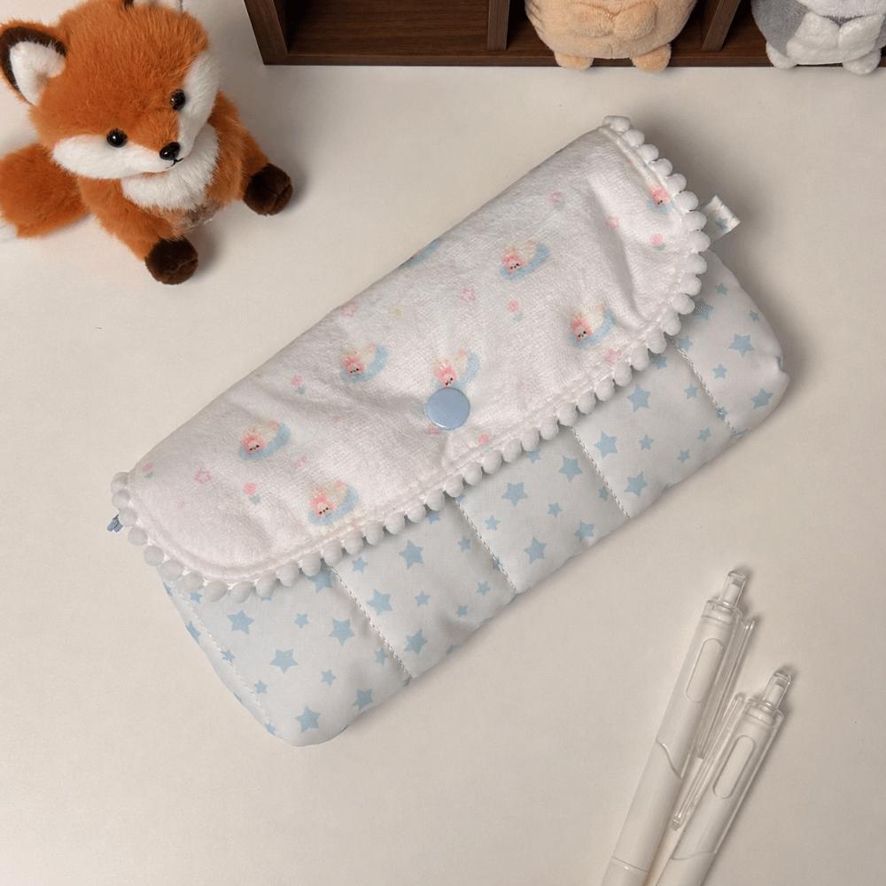 Blue White Quilted Pen Bag Bunny Print Pencil Pouch Portable Pencil Case Gift Bunny