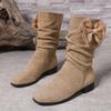 Women's Natural Suede Western Boots Thick Pointed Short Boots Vintage Pleated Fashion Boots Women's Autumn