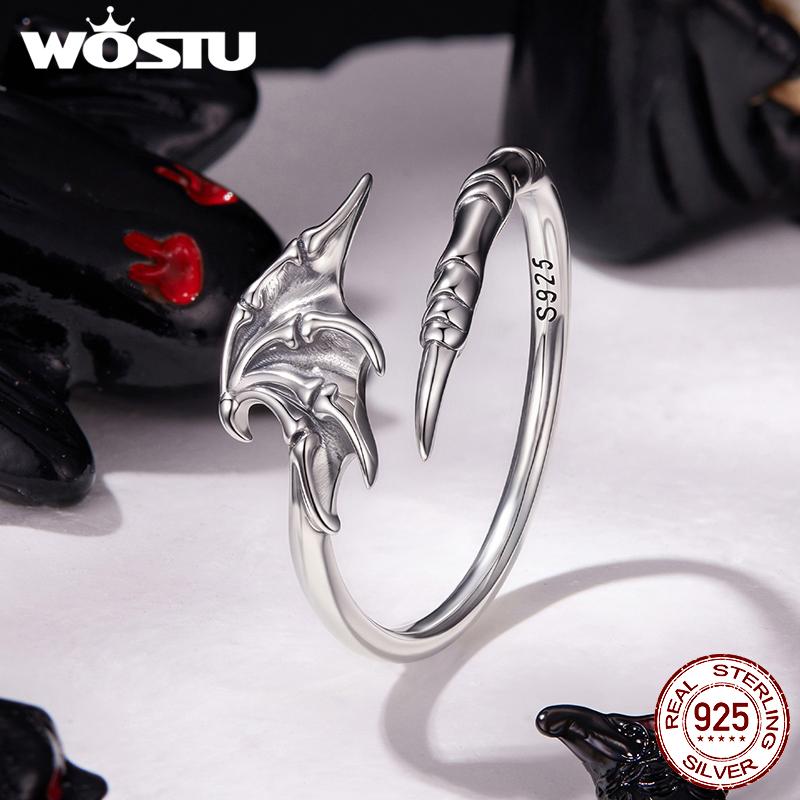 WOSTU 925 Sterling Silver Edgy Gothic Demon Wing Claw Ring For Women Retro S925 Silver Punk Adjustable Rings Halloween Gift