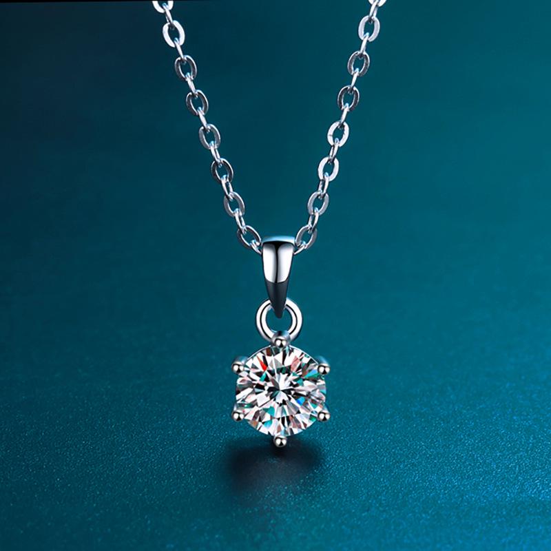 Sterling Silver 925 Moissanite Necklace: Classic Six-Prong European & American Style Women's Colored Diamond Pendant