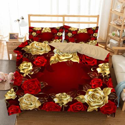 Copripiumino Rosa Rossa Dorata Re Regina Set Biancheria da Letto Floreale Romantico Fiori di San Valentino Copripiumino Coperta in Poliestere