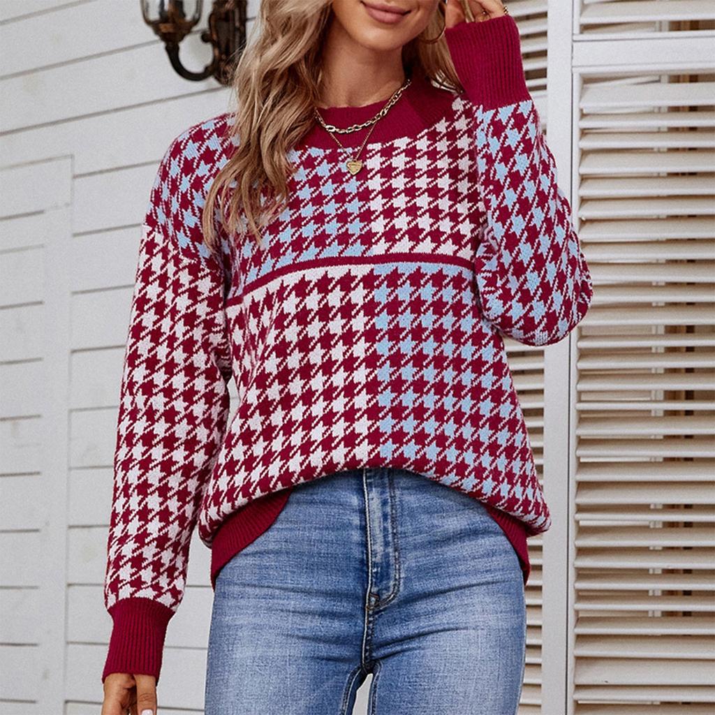 Ladies Fashion Casual Loose Knit Contrast Houndstooth Pullover Sweater