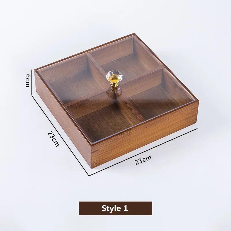 

Bamboo Chinese Style Four Squares Dried Fruit Snack Tray Wit Lid Living Room Teahouse Dessert Storage Box Restaurant Hotel