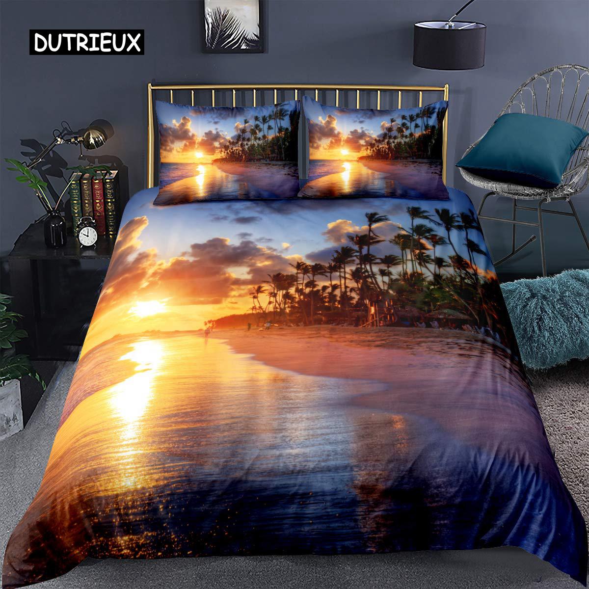 

Ocean Beach Bedspread Cover Collection King Size Gentle Microfiber Fabric Tropical Sunset Beach with Palm Trees Bed Cover Collection Peaceful Ocean EU single(135x200cm)