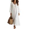 Summer new lace V-neck cotton and linen dress for women, loose long-sleeved vacation style solid color medium and long skirt
