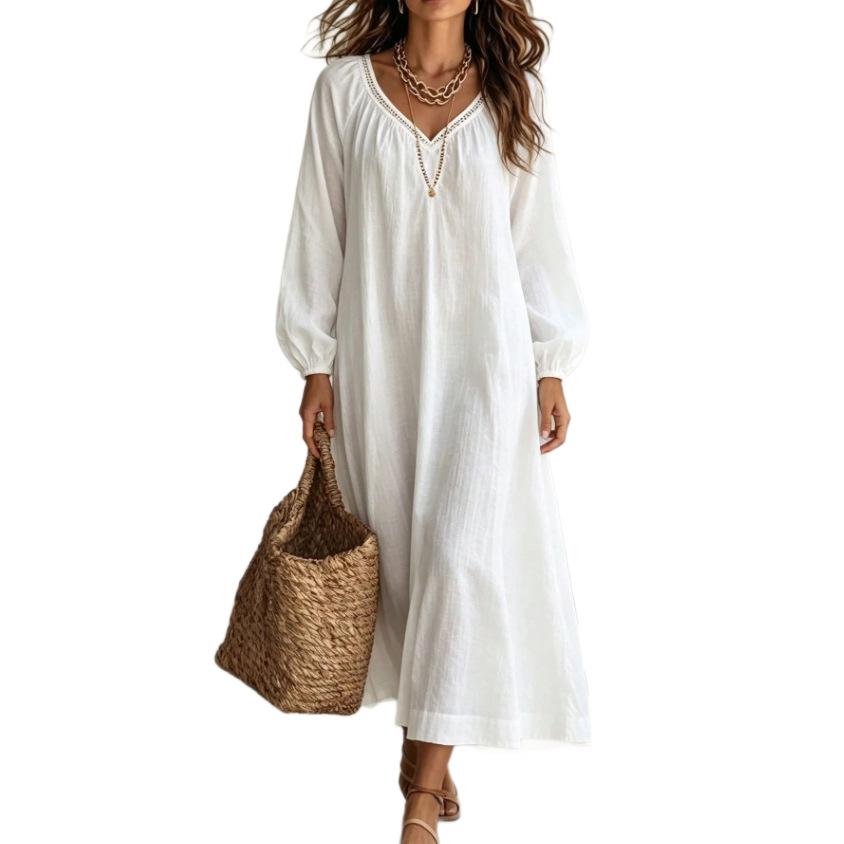 Summer new lace V-neck cotton and linen dress for women, loose long-sleeved vacation style solid color medium and long skirt