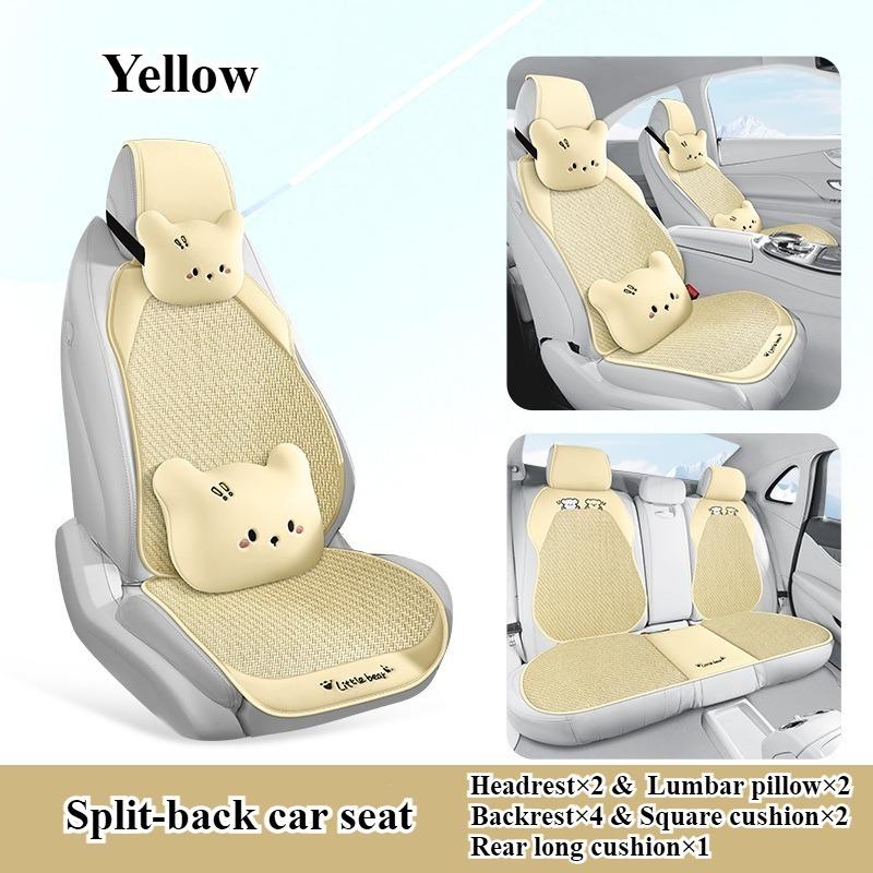 

5 Seat Full, Breathable Car Seat Cover - PU Leather + Cool Ice Rattan Weave, Playful Embroidery, + Head and Lumbar Pillows жёлтый
