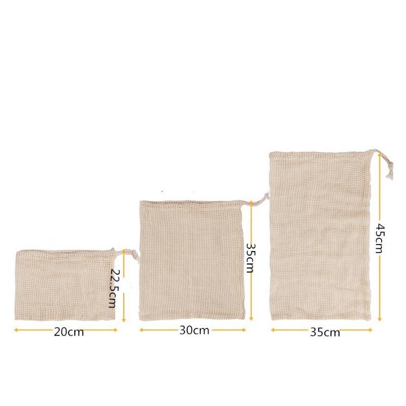 3PCS/LOT Cotton Mesh Vegetable Bags Produce Bag Reusable Cotton Mesh Vegetable Storage Kitchen Fruit Vegetable with Drawstring