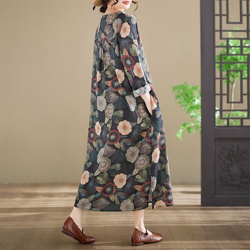 2026 Women's Long-Sleeve Printed Cotton Dress, Round Neck, Plus Size