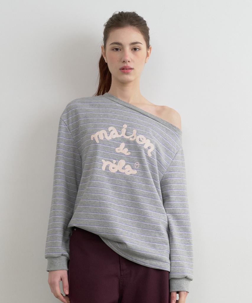 ROLAROLA Maison De Rola Embroidery Off Shoulder Stripe Sweatshirt Gray