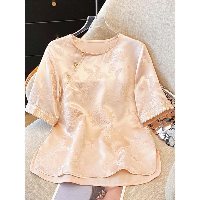 2025 jacquard satin short-sleeved shirt women's summer new fashion temperament cute pink top