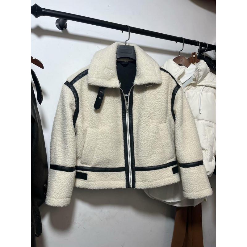 Europäisch-Amerikanischer Damen-Motorradmantel aus Lammwolle & Leder - Herbst/Winter 2023 Edition