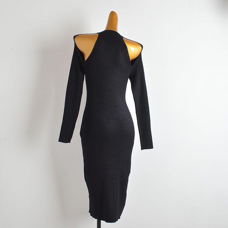 Western Style New round Neck Long sleeve Knitted dress Women clothes Spring and Autumn Slim fit Sexy Hollow Backless Hip Skirt