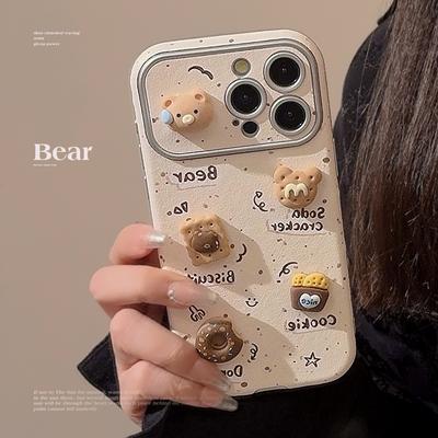 Ours Mignon en Trois Dimensions pour 16 pour Apple 17 ProMax Étui de Téléphone pour IPhone 15 Cuir 12 Biscuits 14