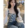 Square Collar Base Top New Women's Retro French Gentle Floral Design Unique Waist Cinching T-shirt