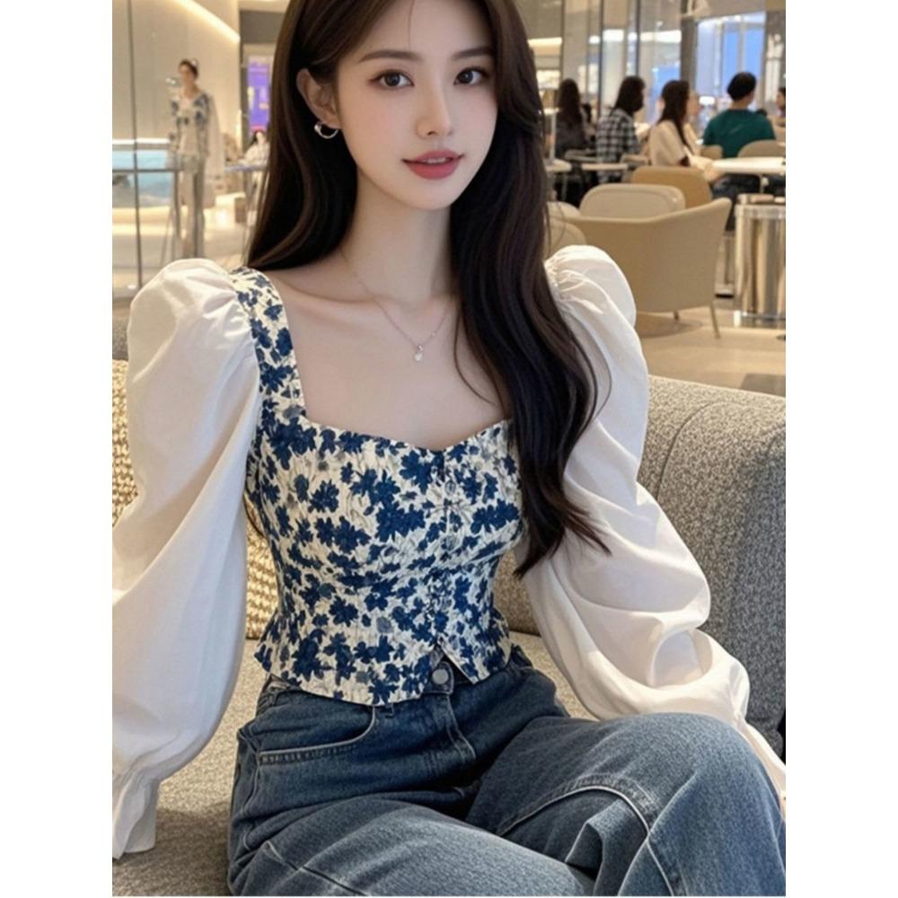 Square Collar Base Top New Women's Retro French Gentle Floral Design Unique Waist Cinching T-shirt