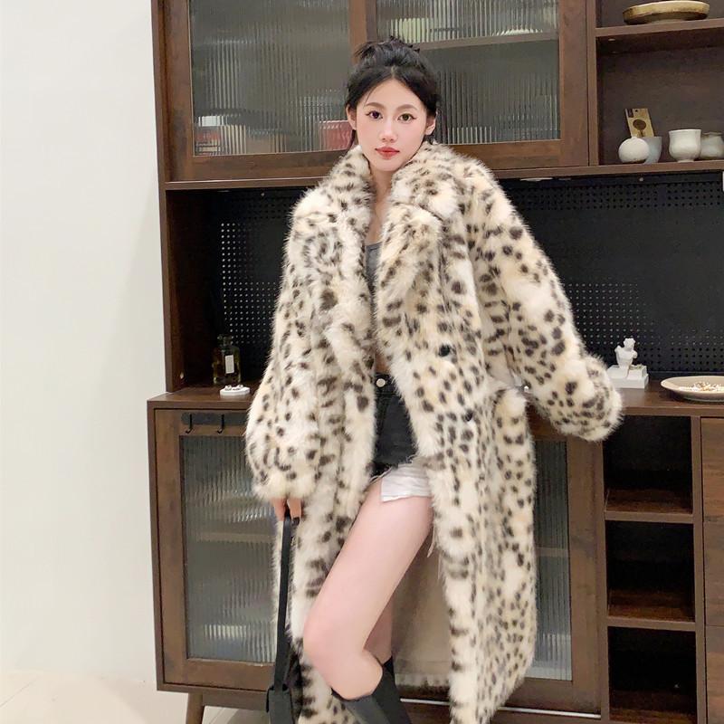 2025 Lynx Pattern Imitation Fox Fur Jacket Women's Thickened Environmentally Friendly Hair Long Leopard Print Suit Collar Fur Coat