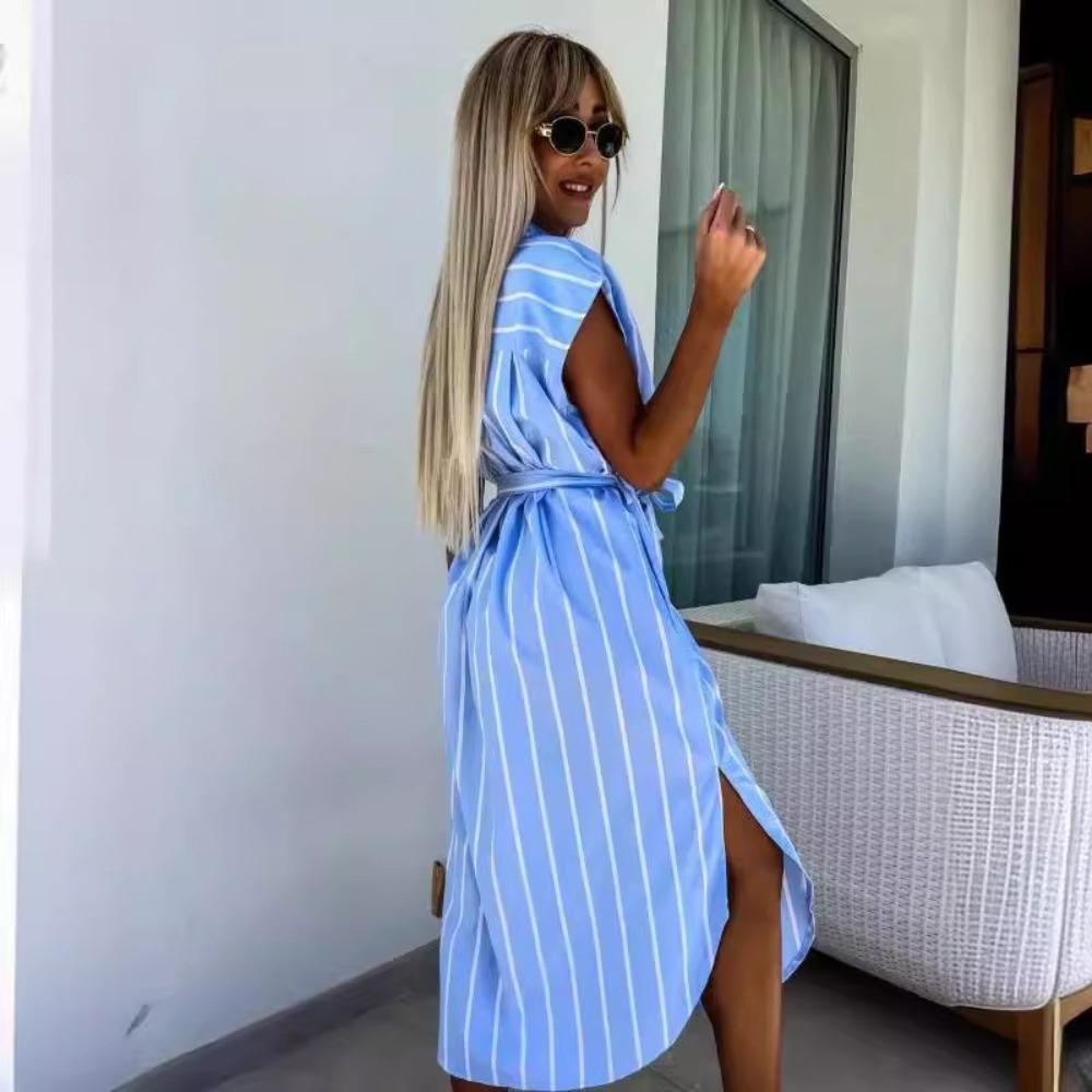 Women's Shirt Collar Cap Sleeve Striped Loose Fit Tie Waist Midi Shirt Dress