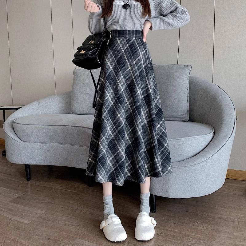 Maillard Retro Plaid Wool A-Line Skirt - Women's Mid-Length for Autumn/Winter