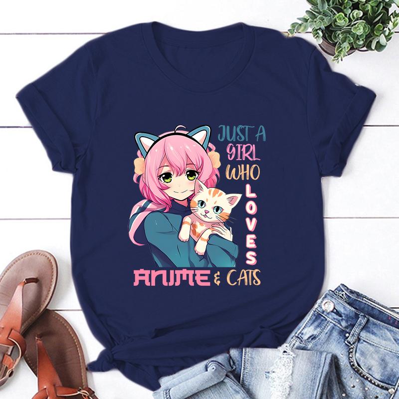 New Hot Just A Girl Who Loves Anime Cats Printed T-Shirts Women Unisex Casual Loose Round Neck Creative Personalized T-Shirt
