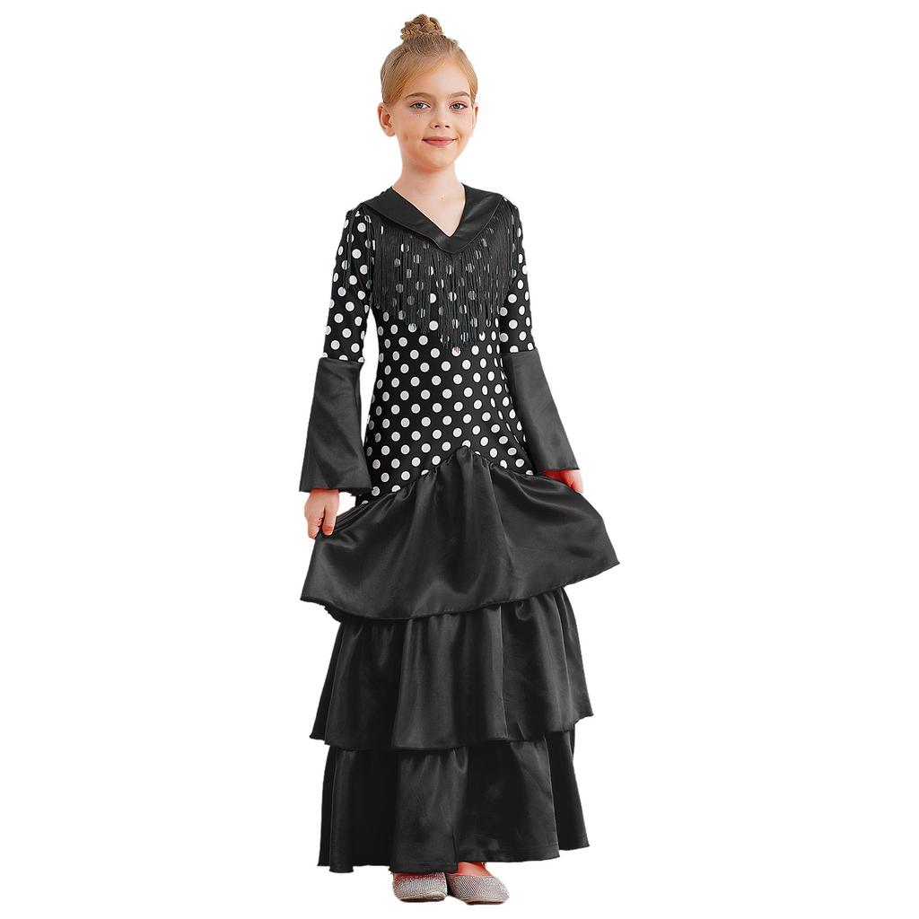 Girls Spanish Flamenco Dress Polka Dot Print Tiered Ruffles V Neck Dancewear