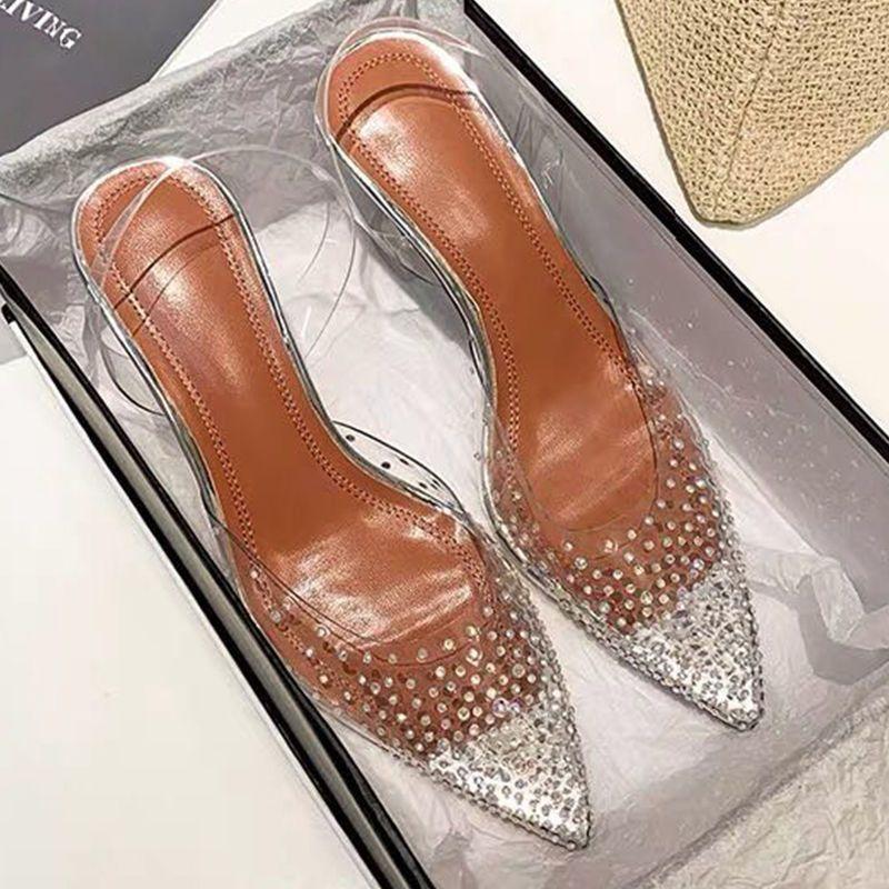 

Baotou Transparent Sandals Fairy Summer Low Heel Back Empty Single Shoes Sexy Celebrity One Word with Crystal High Heels Female 42