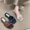 Ladies' French Polka Dot Bow Slippers for Summer, Women's New Style for Outerwear, Exposed Toe Style, Thick Heel, Straight Drag Sandals