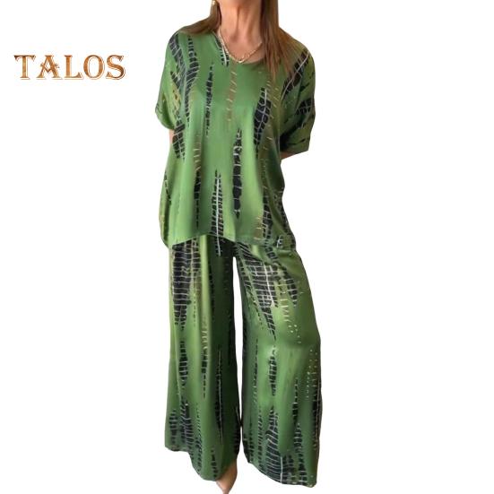 

Женский комплект из двух предметов больших размеров, летний повседневный топ с круглым вырезом и короткими рукавами, широкие брюки, свободный наряд на весну, лето и осень 3XL темно-зеленого