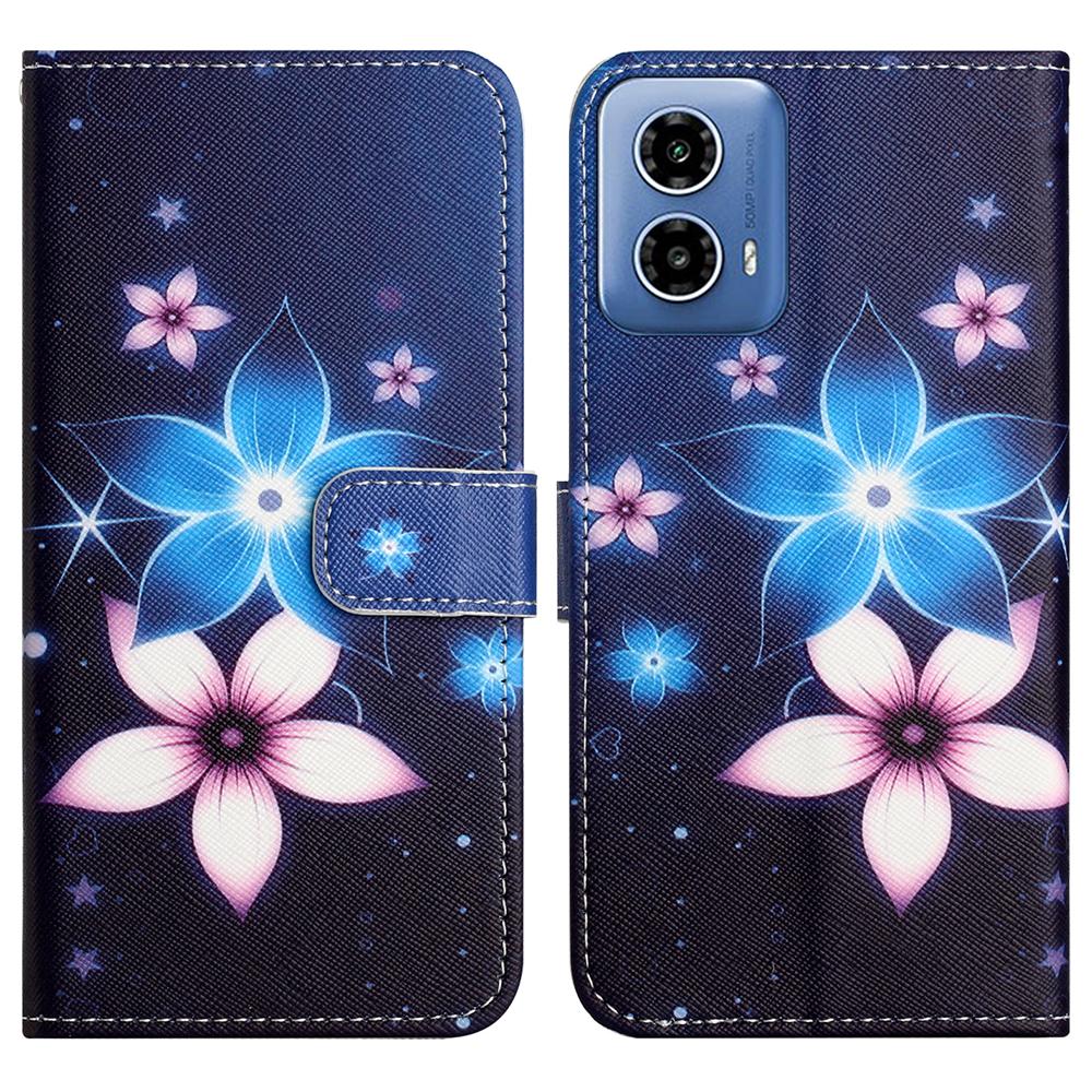 

For Motorola Moto G35 5G Case Pattern Print PU Leather Wallet Phone Cover Cross Texture Blue Flower