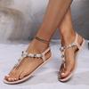 Fashion Luxury Silver Glitter Pearl Decoration Ankle Strap Black Sandals Women 2025 Summer Flat Heels Nude Flip Flops Sexy Beach Sandals