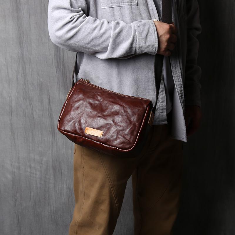 NZPJ Retro Men's Shoulder Bag Vegetable Tanned Top Layer Cowhide Messenger Bag Casual And Fashionable Men Bag  For 8 Inch iPad
