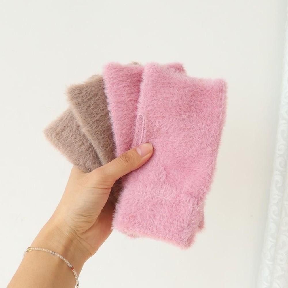 Thick Half Mittens Faux Fur Plush Gloves Protable Fingerless Gloves  for Women Girl