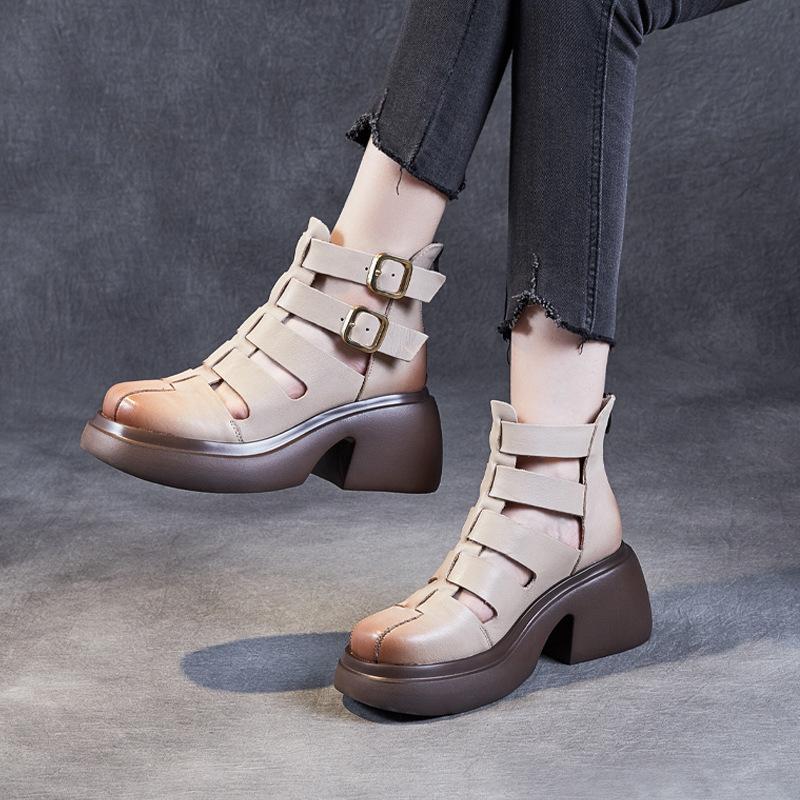 First Layer Cowhide Cool Boots Women's Summer 2025 New Retro Brock Roman Boots Net Boots Platform Sandals Women