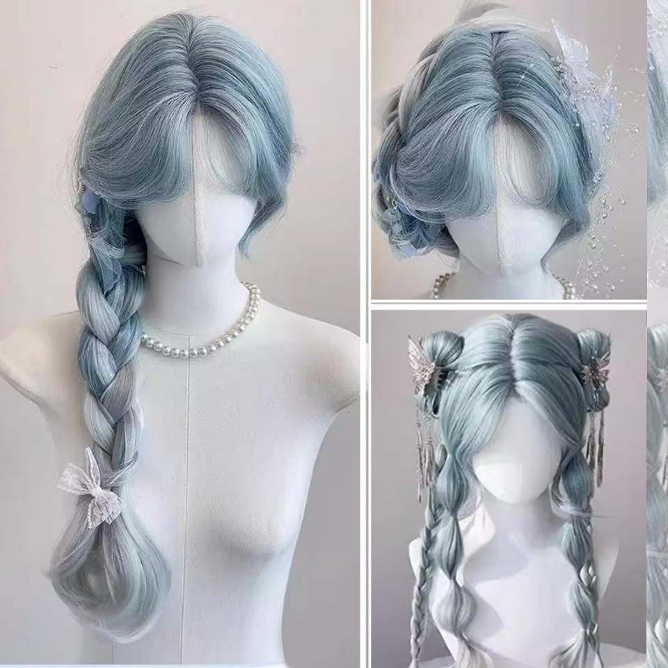 WTB Synthetic Wig Female Glacier Blue Gradient Light Gray Long Hair Lolita Hand-woven Lace Wool Long Curly Hair Cos Party Wig