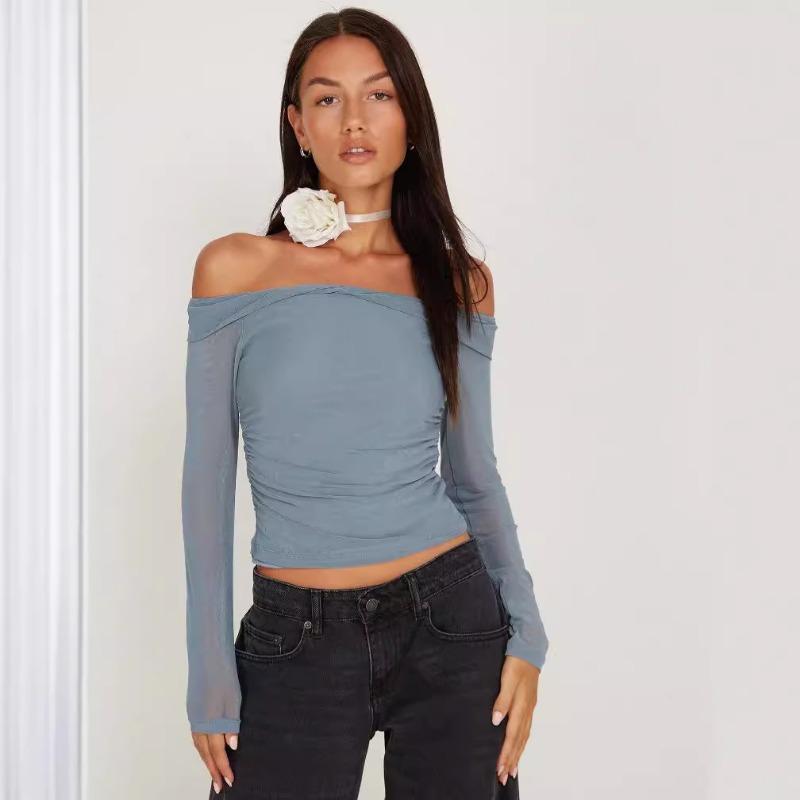 Women's Summer New Fashion Slim Long Sleeved One Line Collar Gauze Short Top