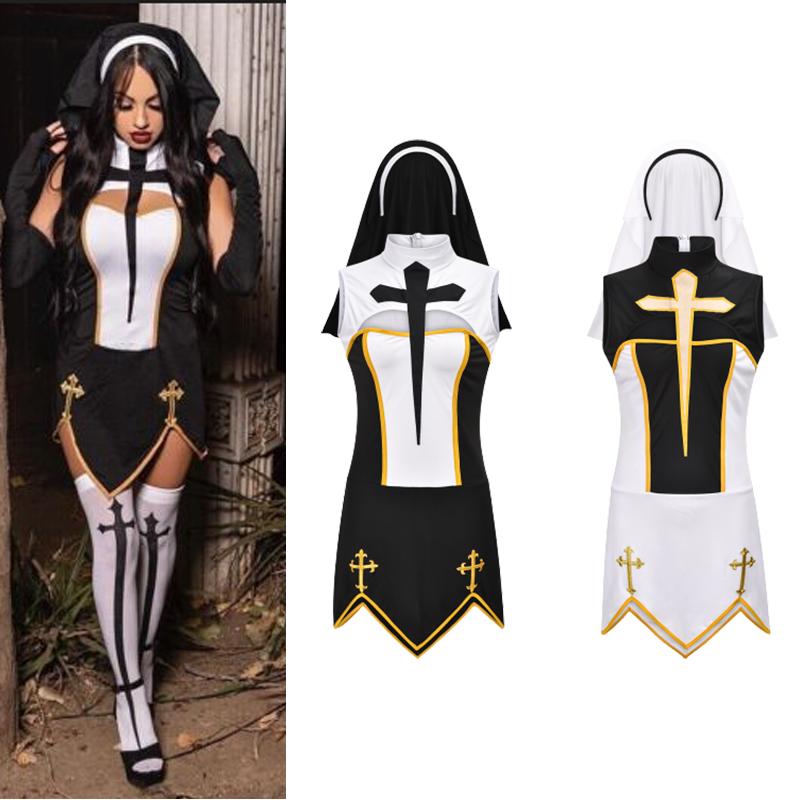 Sexy Women Naughty Nun Costume Black Fancy Dress Party Cosplay Outfits Halloween