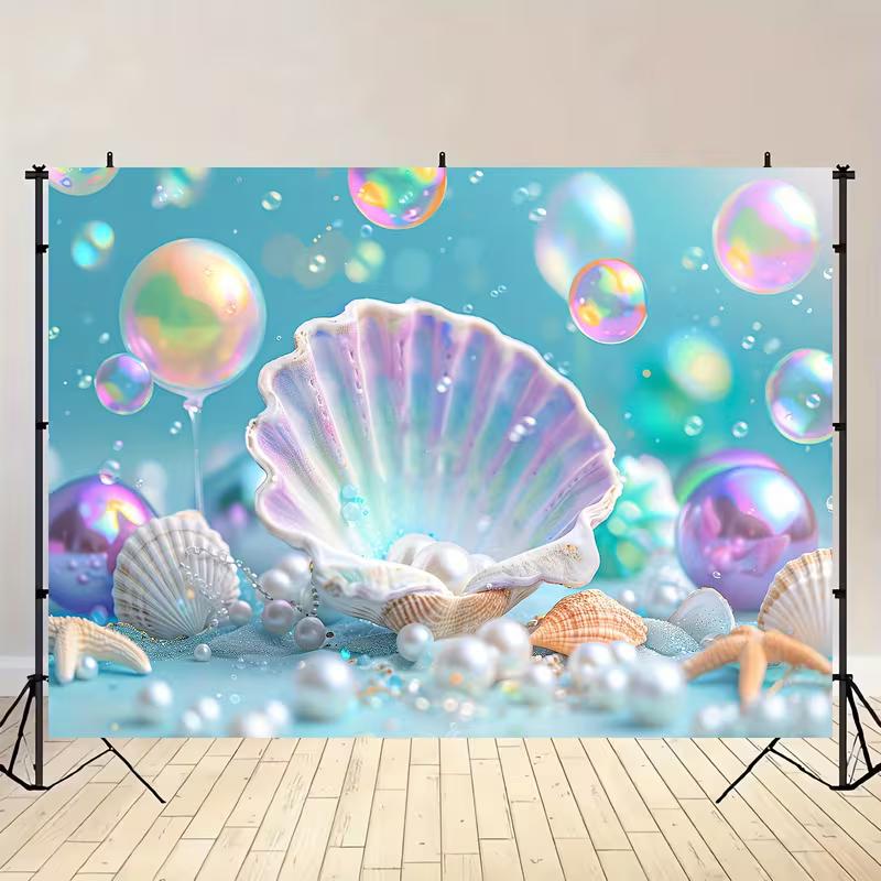 2D Under Sea Pearl Shell Photo Backdrop Mermaid Party Decor Cloth