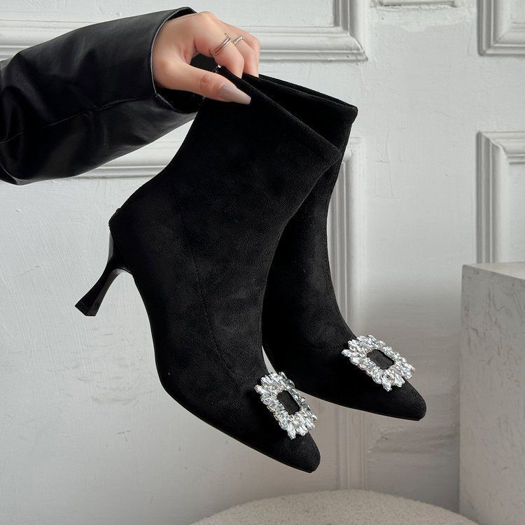 High heel thin heel heightening boots pointed black suede legs long retro elastic socks thin boots