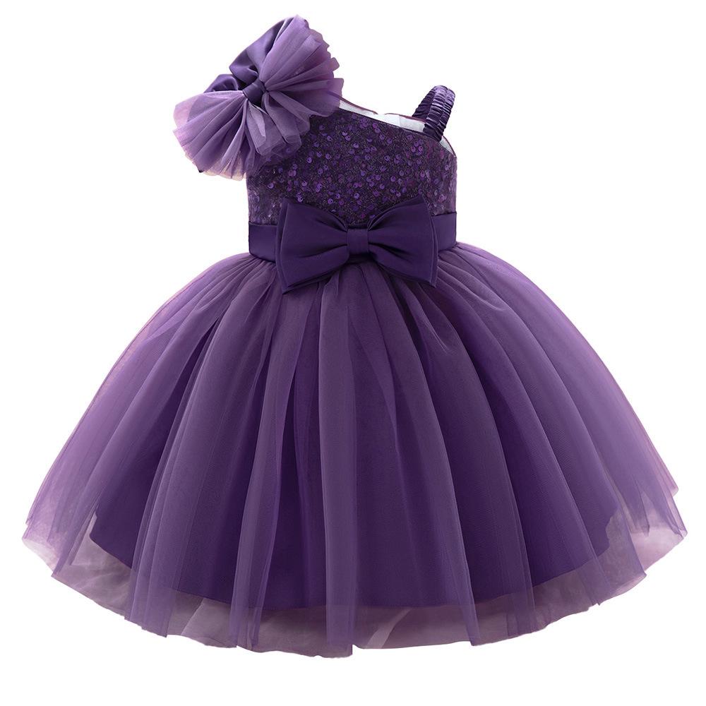 

Girls One-Shoulder Sequined Tulle Formal Dress with Bow 4 Years