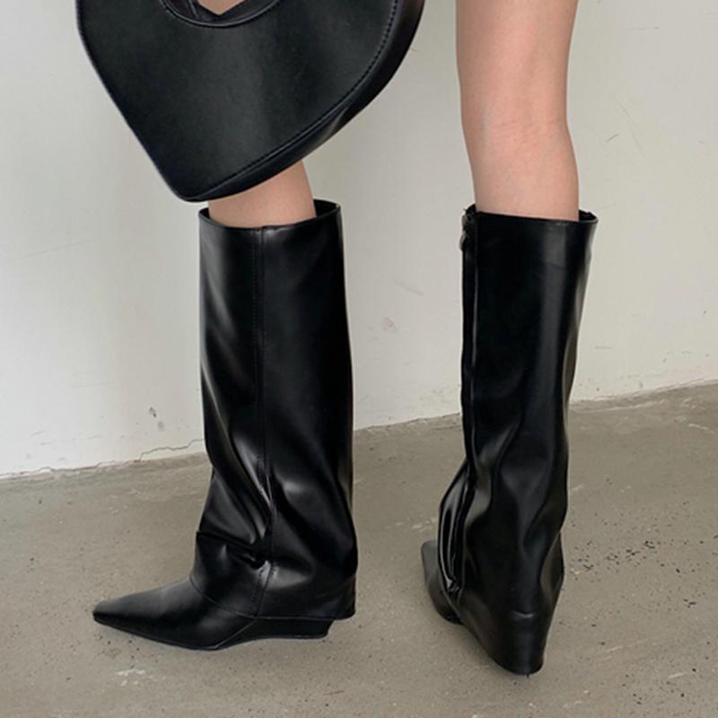 Fashion 2025 Autumn Winter Women Knee High Boots Fashion Female Pointed Toe Wedges Shoes Zipper Shoes Ladies Modern Chelsea Boots