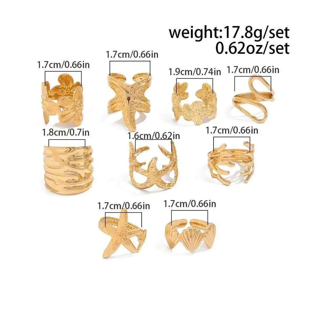 Salircon 9Pcs/Set Bohemia Starfish Scallop Opening Ring Women Punk Gold Color Adjustable Finger Ring Vacation Beach Jewelry Gift