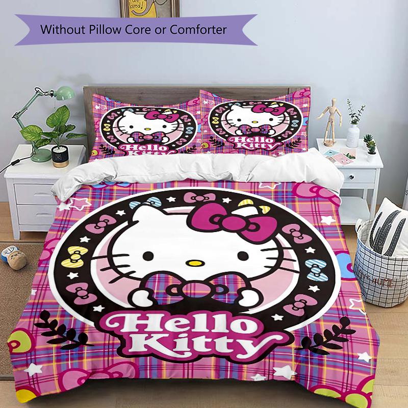 3pcs Hello Kitty Stars Bows and Tartan Patterns Print Cover Set Ultra Soft, Breathable, and Comfortable Bedding with Stylish Design for Bedroom a