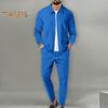2Pcs/Set Men Outfit Lapel Long Sleeve Zipper Placket Coat Elastic Waist Adjustable Drawstring Long Pants Set