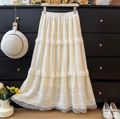 Elegant French-Style Lace-Trim High-Waisted A-Line Skirt for Women - Autumn/Winter Collection