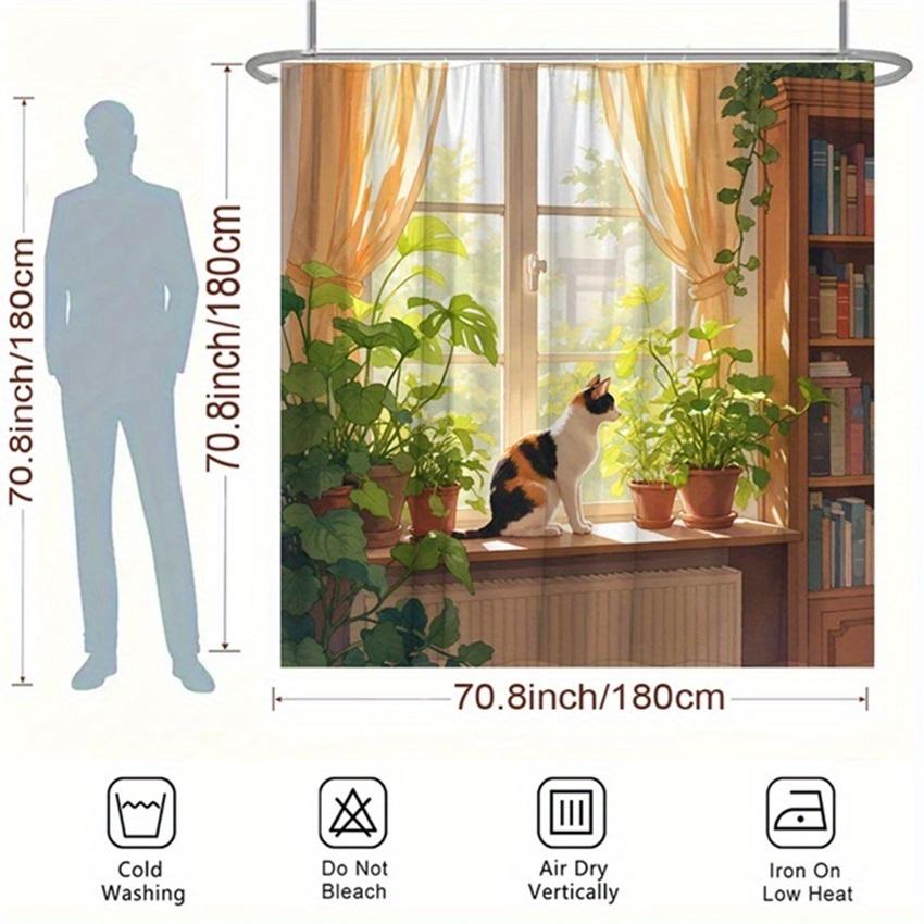 Cute Cat With Green Plants By Window Shower Curtain Machine Washable All Season Waterproof Privacy Protection Nature Designcozy