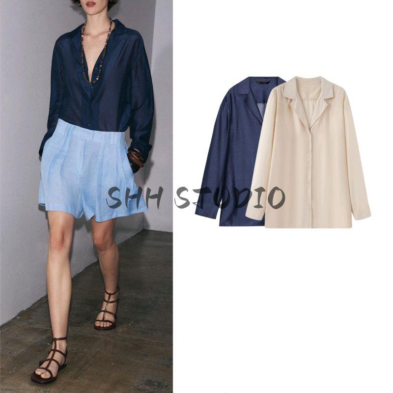 Fall Women's Clothing French Simplicity Style Asymmetric Hem Lapel Silk Blended Long Sleeves Shirt 3819008