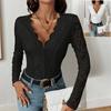 Women's V Neck Lace Patchwork Long Sleeve Bodysuit Slim Fitting Sexy Backless Body Jumpsuit