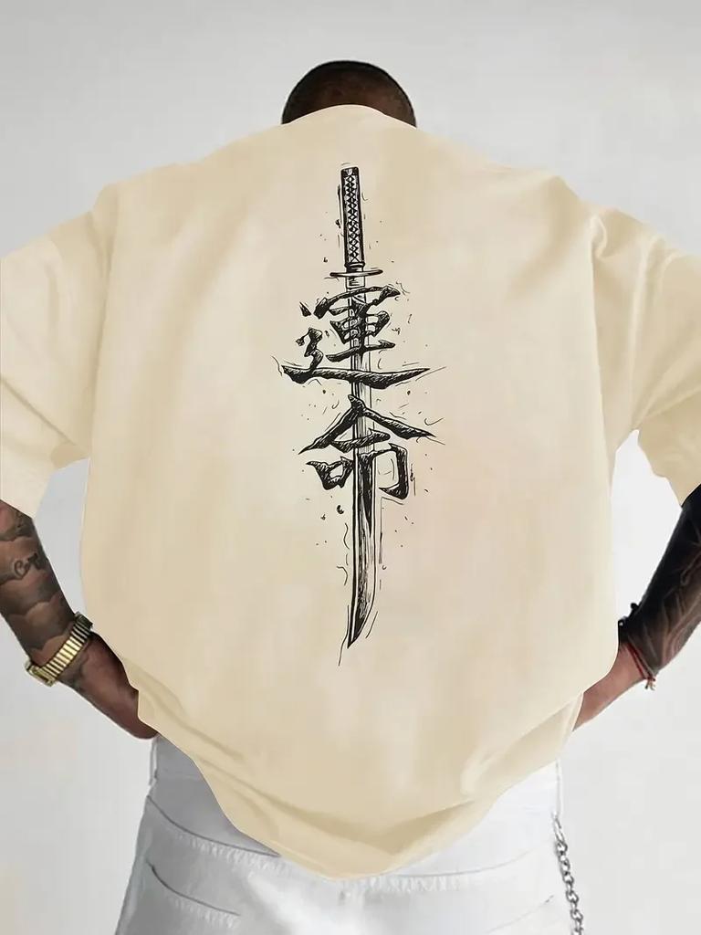 Men's Casual Short-sleeved Shirt, 100% Pure Cotton Japanese Samurai Sword Printed T-shirt, Fashionable and Breathable Top
