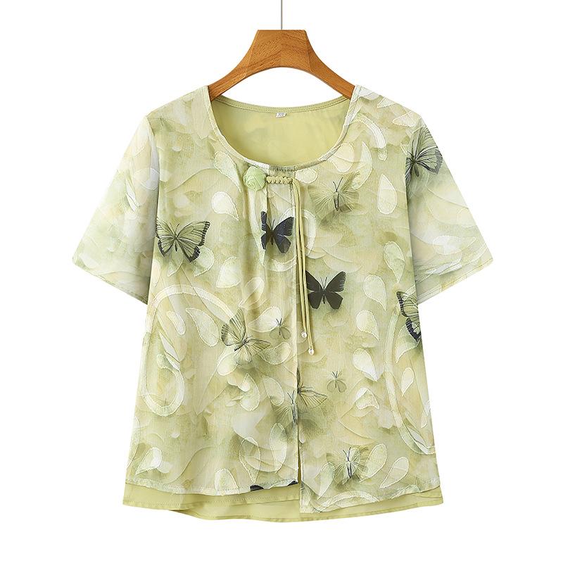 

Elegant Chinese Style Chiffon Top - Short-Sleeved 2026 Fashion for Middle-Aged & Elderly Women 5XL (suggest 150-165 jin) зелёный