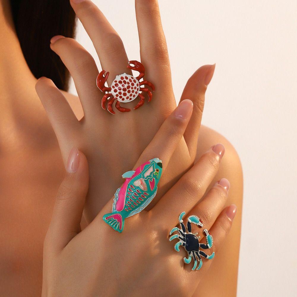 Open Design Drip Oil Rings Fish Shaped Rings Marine Creature Rings Enamel Band Rings For Women